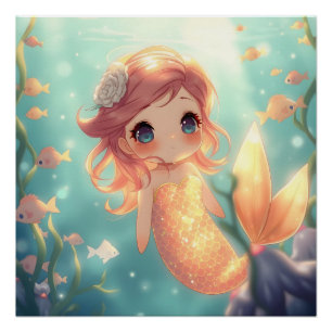 Póster Sirena dorada linda en mundo submarino