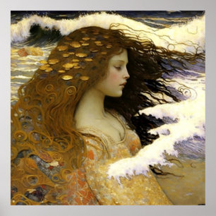 Póster Sirena Durmiente Soñando con Conchas de Mar Dorada