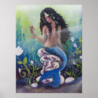 Póster Sirena en las rocas con caballito de mar
