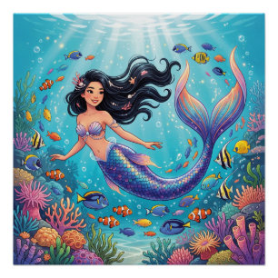 Póster Sirena Hermosa de Dibujos Animados Bajo el Mar 