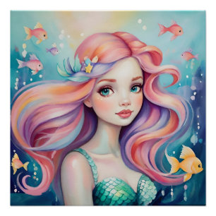 Póster Sirena linda bajo el agua con peces
