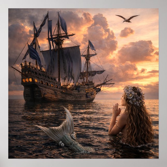 Póster Sirena mirando un barco a vela (Frente)