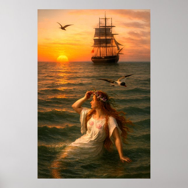Póster Sirena mirando un barco a vela al atardecer (Frente)