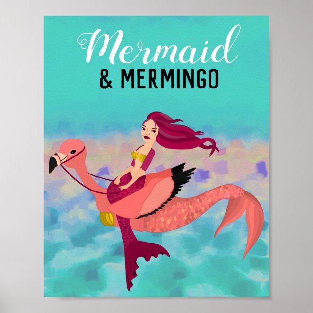 Póster Sirena morada de bonito y Mermingo Flamingo (Frente)