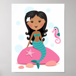 Póster Sirena niña afroamericana estrella de mar caballit