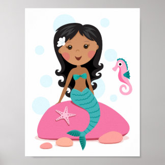 Póster Sirena niña afroamericana estrella de mar caballit