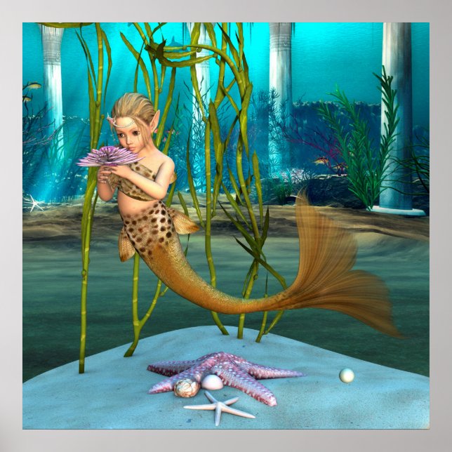Póster Sirena pequeña con flor de anémona (Frente)