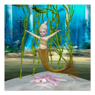 Póster Sirena Pequeña Fantasía Niña, Océano Azul