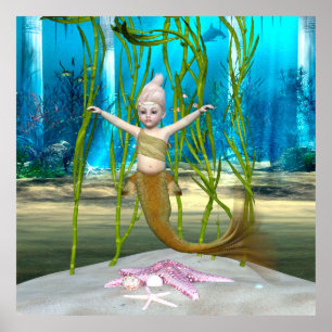 Póster Sirena Pequeña Fantasía Niña, Océano Azul