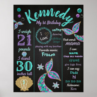 Póster Sirena Poster de pizarra de 1 cumpleaños, hito