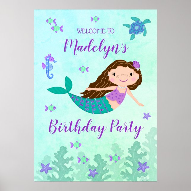 Póster Sirena Púrpura Bajo El Cumpleaños Del Mar (Frente)