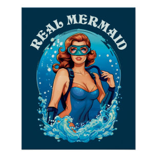 Póster Sirena Real de Estilo Vintage - Buceador Scuba Fem