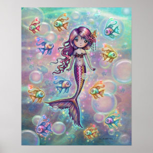 Póster Sirena Rosa Pequeña con Peces y Burbujas Fantasía