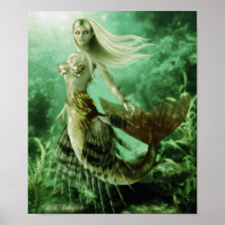 Póster Sirena rubia nadando en poster de arrecife