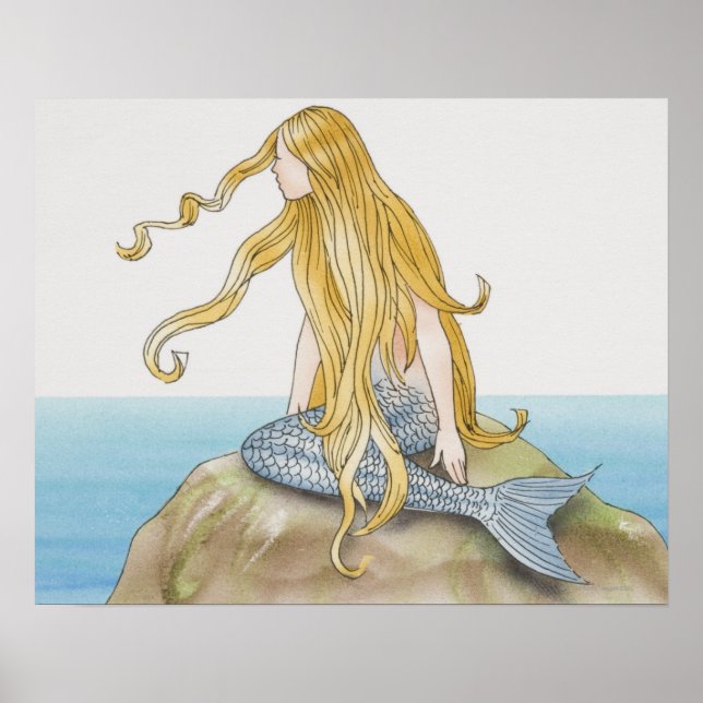 Póster Sirena rubia sentada en la roca marina, vista late (Frente)