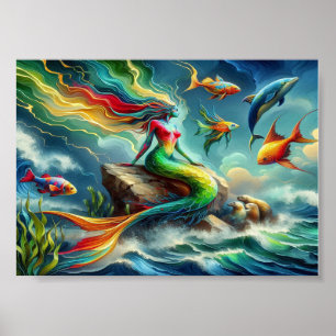 Póster Sirena se sienta en la roca rodeada por una fantás