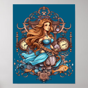 Póster Sirena Steampunk para niñas o niños en una pared