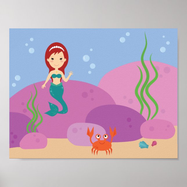 Póster sirena submarina océano dibujo animado cuarto de n (Frente)