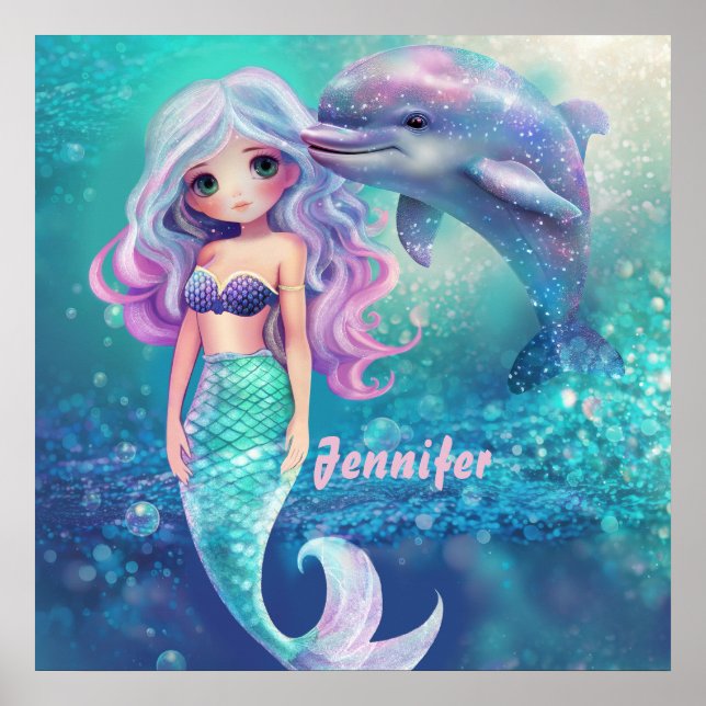 Póster Sirena submarina y delfín (Frente)