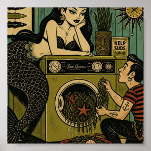 Póster Sirena surrealista de mediados de siglo día de lav