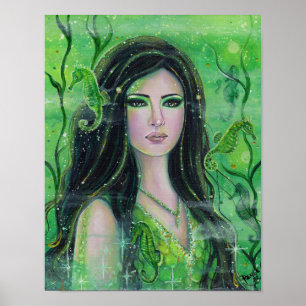 Póster Sirena verde con caballitos de mar de Renee Lavoie