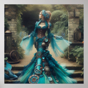 Póster Sirena Verde Dama Victoriana Vintage Steampunk