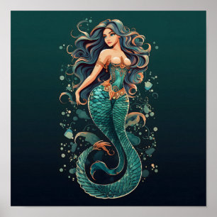 Póster Sirena verde nadadora