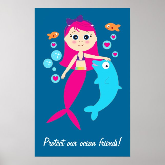 Póster Sirena y delfín: ¡Protejan a nuestros amigos del o (Frente)