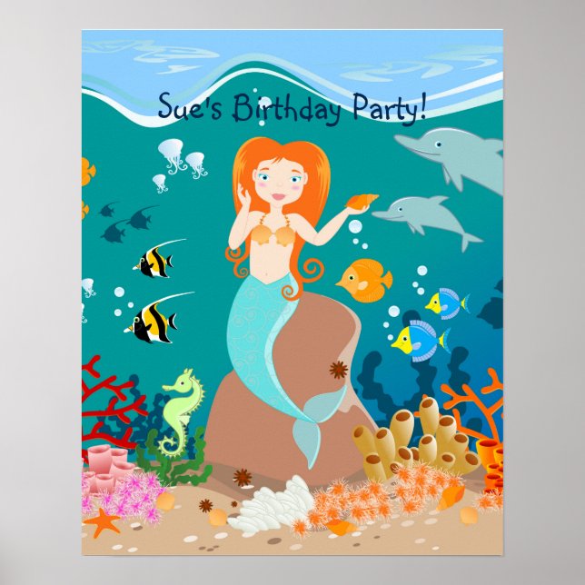 Póster Sirena y delfines en la fiesta de cumpleaños del m (Frente)