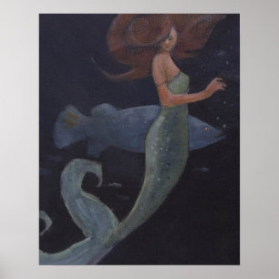 Póster Sirena y peces azules