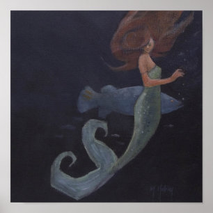Póster Sirena y peces azules