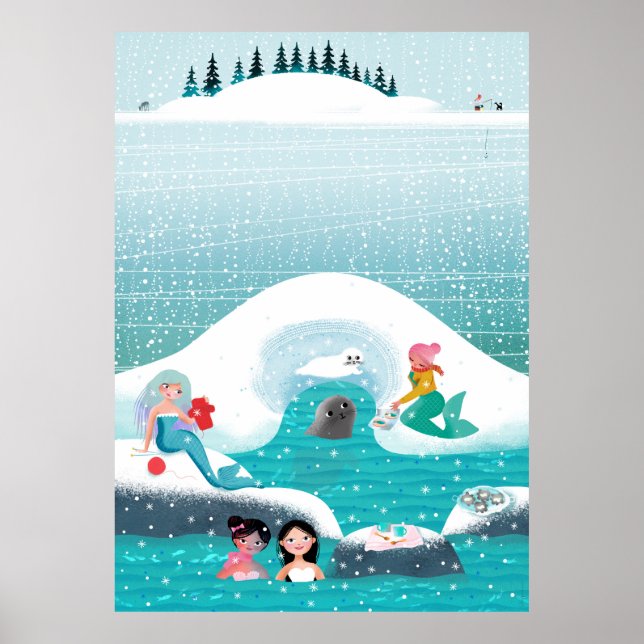 Póster Sirenas haciendo picnic con foca y bebé (Frente)