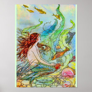 Póster Sirenita colorida bajo el mar