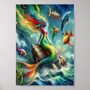 Póster Sirenita colorida sentada en la costa rocosa 5x7