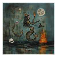 Sirenita con cuernos Moon Witchy Arte AI semibrill