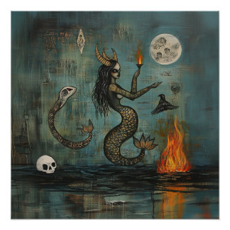 Póster Sirenita con cuernos Moon Witchy Arte AI semibrill
