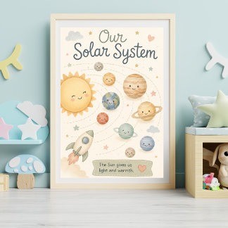 Póster Sistema Solar Adorable para Guardería Planetas Acu