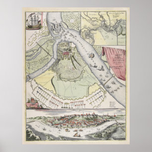 Póster Sitio vintage del mapa de Belgrado Serbia (1717)