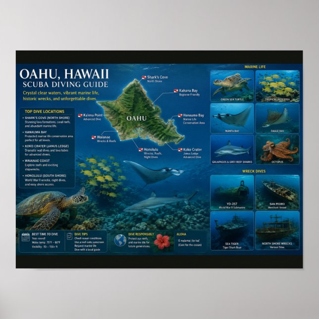 Póster Sitios de buceo en Hawái (Frente)