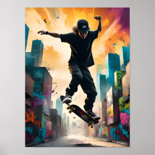 Póster Skateboarder en vuelo - Trick dinámico de aire med