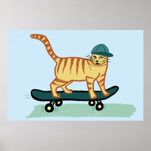 Póster Skateboarding Tabby Cat