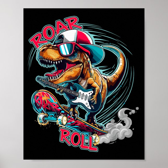Póster Skater Guitar T-rex Roar Roll Dinosaur For Boys Me (Frente)