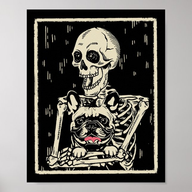 Póster Skeleton abraza al Bulldog francés Halloween Dog L (Frente)