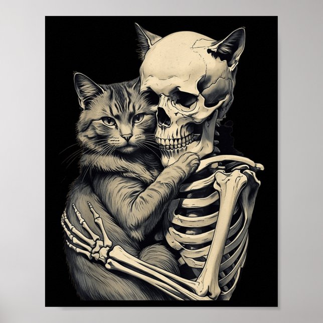 Póster Skeleton abrazando a un gato que ama a Halloween T (Frente)