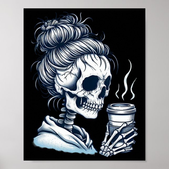 Póster Skeleton Beber café Messy Bun Women Halloween (Frente)