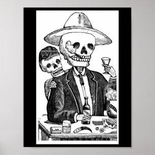Póster Skeleton Beber tequila y fumar