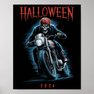 Póster Skeleton Biker On Motorcycle Halloween 2024 Spooky