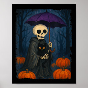 Póster Skeleton Black Cat Purple Umbrella Pumpkin Hallowe