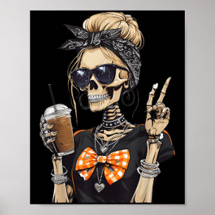Póster Skeleton Chica beber café signo de paz gráfico F
