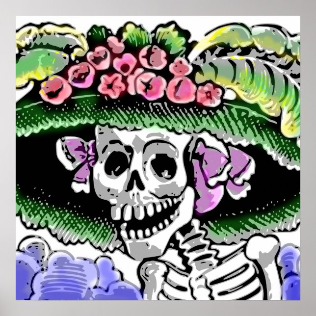 Póster Skeleton con gorra gracioso con flor (Frente)